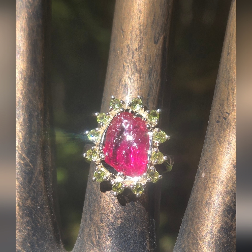 Ruby Raw Natural 14k & Peridot Gemstone Sterling Ring Sz7.75 - Picture 4 of 9